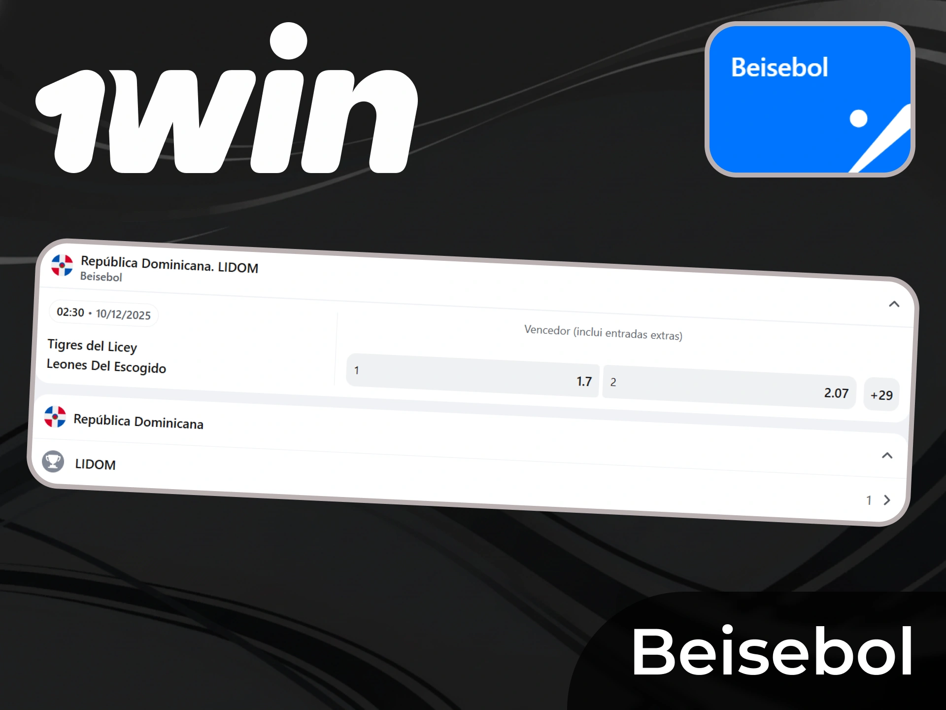 Escolha seu time favorito de beisebol e aposte neles para ganhar no 1win.